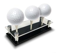 Acrylic Golf Ball Display Stand for 3 Balls with Metal Frame & Tees Included | Black Desktop Shelf Rack for Home Office Decor | Compact Storage Case 15x6x4cm
