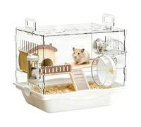 Acrylic Hamster Cage - 2-Tier Clear Small Pet Habitat, Water Bottle, Food Dish, Multiple-Level Cages with Exercise Wheel | Hamster Cages for Gerbil Mice Chinchilla Small Animal Play Rest
