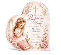 Acrylic Heart Christening Gifts For Girls Floral Baptism Plaque | 9.6x9.6cm acrylic plaque for religious ceremonies. Beautiful baptism gifts for girls to display as a memorable keepsake.