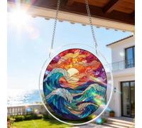 Acrylic Jigsaw Puzzle Suncatcher, Tree of Radiant Glass Puzzles - Jigsaw Puzzle Ornament for Doors Garden, Mother's Day Christmas Birthday Gifts for Women Men (Orange Ocean)