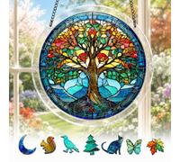 Acrylic Jigsaw Suncatcher, 19cm 71-Piece DIY Puzzle for Adults, 2mm UV-Printed Stained Glass-Style Window Hanging Decor with Chain, Creative Craft Gift for Home & Garden，Four Seasons Tree
