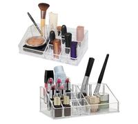 Acrylic Makeup Organiser - Cosmetic Display Case with 16 Sections for Dressing Table, Vanity & Bathroom Counter - Storage Tray for Lipstick, Brushes, Eyeliner, Nail Polish & Perfume - 2 Pack, Clear