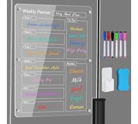 Acrylic Meal Planner Magnetic Menu Board for Kitchen Fridge with 6 Magnetic Markers, 15.7" x 11.8" Clear Refrigerator WeeklyCalendar Planning Board with Magnetic Pen Holder and Eraser