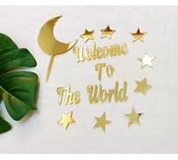 Acrylic Moon Star Cake Toppers,Welcome To The World Twink Star Cake Decorations Babyshower Cake Toppers (Gold Mirror)
