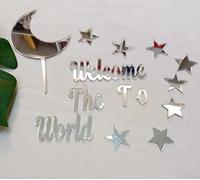 Acrylic Moon Star Cake Toppers,Welcome To The World Twink Star Cake Decorations Babyshower Cake Toppers (Silver Mirror)