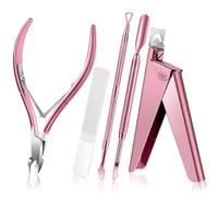 Acrylic Nail Clipper 5 in 1 Kit Glass Nail File Ergonomically Designed Trimmer Cuticle Steel Pusher,Pink