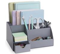 Acrylic Office Desk Organizer with Drawer, 9 Compartments, All in One Office Supplies and Cool Desk Accessories Organizer, Enhance Your Office Decor with This Desktop Organizer (Gray)