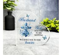 Acrylic Ornament Husband Blue Floral Cross Memorial Heart Gift Side Heart Acrylic Plaque Present | Gift Memorial Remembrance Sympathy Keepsake Gift Custom Home Decor Gift Small