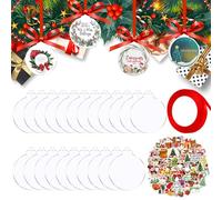 Acrylic Ornaments Blanks, 50 Pieces Acrylic Blanks & 50 Pieces Stickers, DIY Christmas Ornaments, Blank Ornaments with a Red Roll Ribbons for Christmas Tree Decoration (10cm)