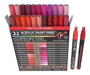 Acrylic Paint Pens 22 Red & Pink Tones Assorted Pro Colour Series Markers Set 0.7mm Extra Fine Tip for Rock Painting, Glass, Mugs, Wood, Metal, Canvas, Projects, Non Toxic, Waterbased, Quick Drying