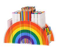Acrylic Pen Holder Clear Desk Organizer Pen Organizer for Desk Cute 5 Compartments Pencil Holder, Desktop Stationery for Office Storage/School/Art Supplies/Home, Rainbow Colour