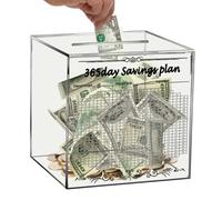 Acrylic Piggy Bank Clear Money Box Break to Open Square Money Saving Box with 365 Days Saving Plan for Coin and Cash,15 * 15 * 15cm