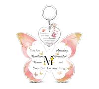 Acrylic Plaque Keychain Set A to Z Initial Letter Inspirational 26 Alphabets Birthday Christmas Gifts Bestie Friend Daughter Keepsake Graduation Keyring Personalised Women Girls Valentine's Sign (M)