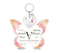 Acrylic Plaque Keychain Set A to Z Initial Letter Inspirational 26 Alphabets Birthday Christmas Gifts Bestie Friend Daughter Keepsake Graduation Keyring Personalised Women Girls Valentine's Sign (V)