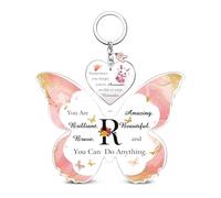 Acrylic Plaque Keychain Set A to Z Initial Letter Inspirational 26 Alphabets Birthday Christmas Gifts Bestie Friend Daughter Keepsake Graduation Keyring Personalised Women Girls Valentine's Sign (R)