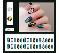 Acrylic Press On Nails Jade Green Floral 3D Design | for stunning cat eye effect, 3D floral pattern, luxury jade green, short almond shape, elegant daily wear