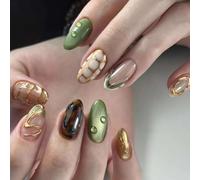 Acrylic Press On Nails Medium Almond 3D Gold Line Emerald Green Nail Wraps with Damage-Free