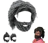 Acrylic Punk Style Beanie with Attached Straight Hair Wig and Knitted Beard - Funny Wig Bearded Hats, Novelty Beard Beanies & Knit Hats, Suitable Cosplay Party, Unisex (Dark Gray)