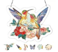 Acrylic Puzzle Suncatcher, 83 Pcs Irregular Jigsaw DIY Suncatchers Puzzle, Hummingbird Flower Window Hanging Decor, Faux Stained Glass Bird Suncatcher for Home Garden Decoration