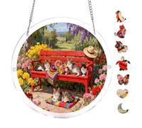 Acrylic Puzzle Suncatcher, Cozy Cottage Beneath Bright Multicolored Rainbow Hues, 7.8inch
