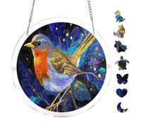 Acrylic Puzzle Suncatcher, Oriental Robed Figure Beneath Cherry Blossom Trees, 7.8inch