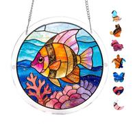 Acrylic Puzzle Suncatcher, Rottweiler Dog Beneath Sun Rays And Sunflower Blooms, 7.8inch