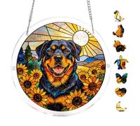 Acrylic Puzzle Suncatcher, Rottweiler Dog Beneath Sun Rays And Sunflower Blooms, 7.8inch