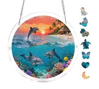 Acrylic Puzzle Suncatcher, Tropical Dolphin Beneath Warm Sunset Ocean Glow, 7.8inch