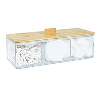 Acrylic Qtip Holder Dispenser with Wood Lid, 3 Compartment Cotton Ball Holder, Bathroom Organizer for Q Tip, Cotton Swab and Cotton Pad Holder, Vanity Storage Organization for Countertop and Drawer