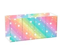 Acrylic Rectangle Pen Holder, Pen Organizer Desk Flatware Organizer Makeup Brush Cup for Office Home 7.87x3.54x2.48 in Print Seamless White Stars On Rainbow Colorful Lines Stripes