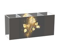 Acrylic Rectangle Pen Holder, Pen Organizer Desk Flatware Organizer Makeup Brush Cup for Office Home 7.87x3.54x2.48 in Print Glowing Golden Rose on Black