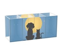 Acrylic Rectangle Pen Holder, Pen Organizer Desk Flatware Organizer Makeup Brush Cup for Office Home 7.87x3.54x2.48 in Print Dog Cat Silhouette Against Full Moon Night Starry Sky