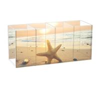 Acrylic Rectangle Pen Holder, Pen Organizer Desk Flatware Organizer Makeup Brush Cup for Office Home 7.87x3.54x2.48 in Print Starfish on The Beach. Summer Time at Sunrise