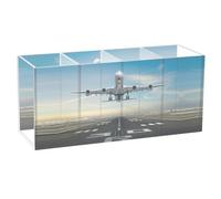 Acrylic Rectangle Pen Holder, Pen Organizer Desk Flatware Organizer Makeup Brush Cup for Office Home 7.87x3.54x2.48 in Print Airplane Taking Off from The Airport Front View