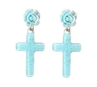 Acrylic Rose Cross Dangle Drop Earrings for Women Resin Glitter Flower Halloween Statement Dangling Studs Lightweight Romantic Floral Blooming Earring Delicate Gothic Party Wedding Jewelry, M, Metal
