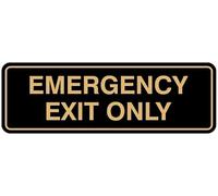 Acrylic Sign Emergency Exit Only Standard Black & Gold Design Durable Easy Installation for Wall or Door in Home Office Business 3x9 inch.