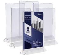Acrylic Sign Holder A4 - T Shape Double Sided Frame Holder with Easy Bottom Loading Design, Portrait Style Menu Ad Display, Plastic Sign Frames for Flyer, Menu, Display, Photos, and More (A4 - 6 Pack)