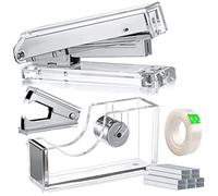 Acrylic Silver Tape Dispenser Desktop Stapler, Acrylic Office Supplies Includes Staple Remover, Tape, 1000pcs Staples Desk Accessory Kit, Cute Office Stapler Set for Modern Design Office Desktop