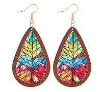 Acrylic Stained Glass Earrings Dangle for Women Friends Wooden Frame Accessories Religious Jewellery Gifts Statement Charms (Multi)