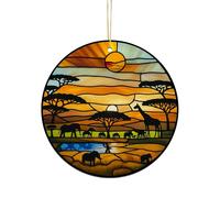 Acrylic Stained Glass Suncatcher Ornament - African Safari Sunset with Giraffes Elephants Trees - 4 Inch Acrylic Window Hanging Boho Home Décor Gift for Animal Lovers, Christmas Tree, (Sun-31)