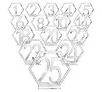 Acrylic Table Numbers 1-25 - Hexagon Hollow Out Wedding Seat Numbers with Holders - Reflective Silver Finish, Modern Geometric Design, Ideal for Weddings, Parties, Restaurants, and Events