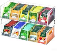 Acrylic Tea Bag Organizer with Adjustable Dividers, 2 Tier Tea Bag Holder Stackable & Wall Mount Storage Box,Custom Compartments Fit All Size Tea Bags for Drawer, Cabinet, Countertop Organization
