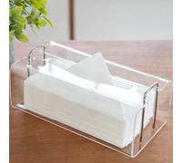 Acrylic Tissue Box Holder Rectangle with Curved Design - Decorative Modern Crystal Clear Tissue Box Cover with Silver Metal Accents for Home/Office Décor