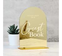 Acrylic Wedding Sign with Stand- 5"x7" Gold Mirror Arched Guest Book Signs and Base,1/8" Thick | Modern Calligraphy White Lettering Gold Arch Acrylic Table Sign for Wedding Reception & Party