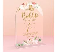 Acrylic Wedding Signs, Bridal Shower Decorations, Bubble Send Off Signs for Reception, Modern Calligraphy Arch Acrylic Table Top Sign for Wedding Reception and Engagement Parties (Clear Pink Flowers)