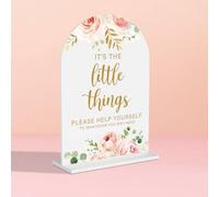 Acrylic Wedding Signs, Bridal Shower Decorations, It's the Little Things Sign for Reception, Modern Calligraphy Arch Acrylic Table Top Sign for Wedding Reception and Engagement Parties (Pink Flowers)