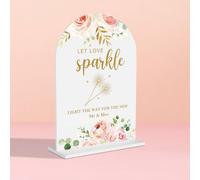 Acrylic Wedding Signs, Bridal Shower Decorations, Let Love Sparkle Signs for Reception, Modern Calligraphy Arch Acrylic Table Top Sign for Wedding Reception and Engagement Parties (Pink Flowers)