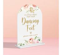 Acrylic Wedding Signs, Bridal Shower Decorations, Modern Calligraphy Arch Acrylic Table Top Sign for Wedding Reception and Engagement Parties - A Little Treat for Your Dancing Feet (Pink Flowers)