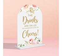 Acrylic Wedding Signs, Bridal Shower Decorations, The Drinks Signs for Reception, Modern Calligraphy Arch Acrylic Table Top Sign for Wedding Reception and Engagement Parties (Pink Flowers)