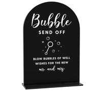 Acrylic Wedding Signs, Bubble Send Off Signs for Marriage Reception, Bridal Shower Decorations, Modern Arched Round Top Acrylic Table Top Sign with Holder for Wedding Party Dinner (Black)